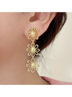 Long Hollow Flower Design Gold Tone Dangle Earrings